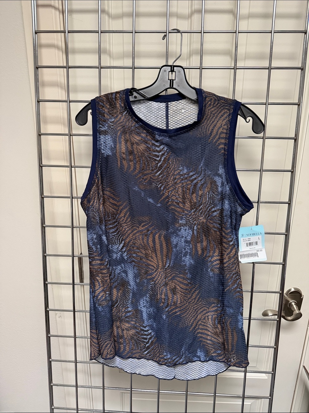 Printed Navy and Brown Mesh Tank Top